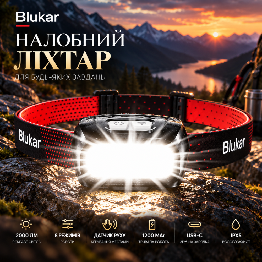 Налобний ліхтар Blukar 2000 лм, COB+XPG, 8 режимів, датчик руху, USB-C, 1200 мАг, IPX5, чорний Київ - фото 1