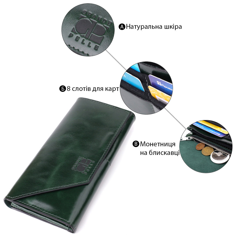Добротний гаманець у два складення з натуральної гладкої шкіри GRANDE PELLE 22945 Зелений Київ - фото 8