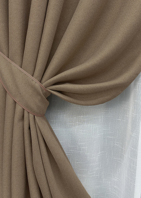 Комплект штор VR-Textil Лен Мешковина 100х270 2шт и Тюль 400х270 825ш-115т Темно-бежевый с белым 71-017/2 Киев - изображение 4