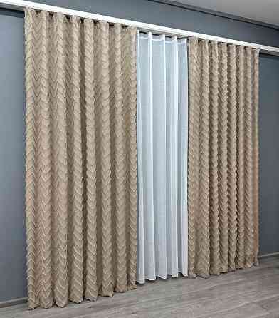 Комплект штор VR-Textil Лен Букле 150х270 2шт и Тюль 600х270 1812ш-115т Бежевый с белым 71-036/5 Киев