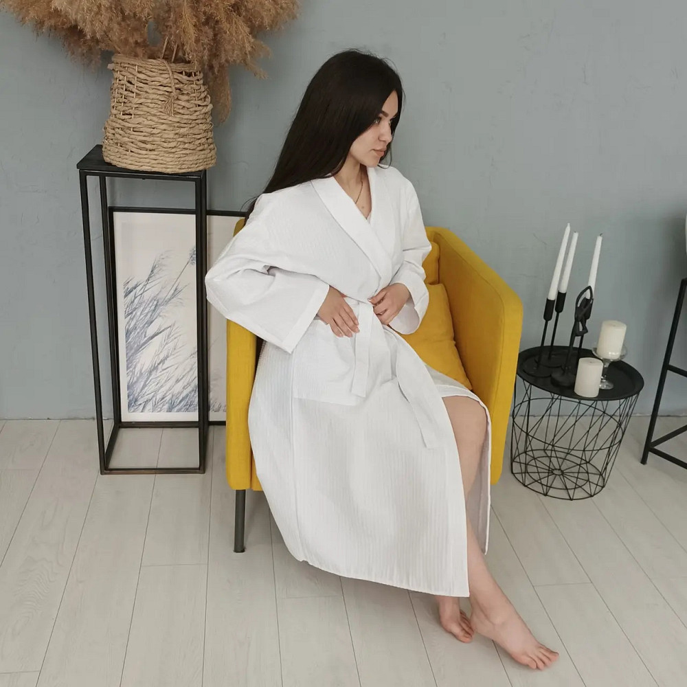 Вафельный женский халат Кимоно YouStar 100% хлопок размер XL (56-58) 200 г/м2 (Белый) Сумы - изображение 8