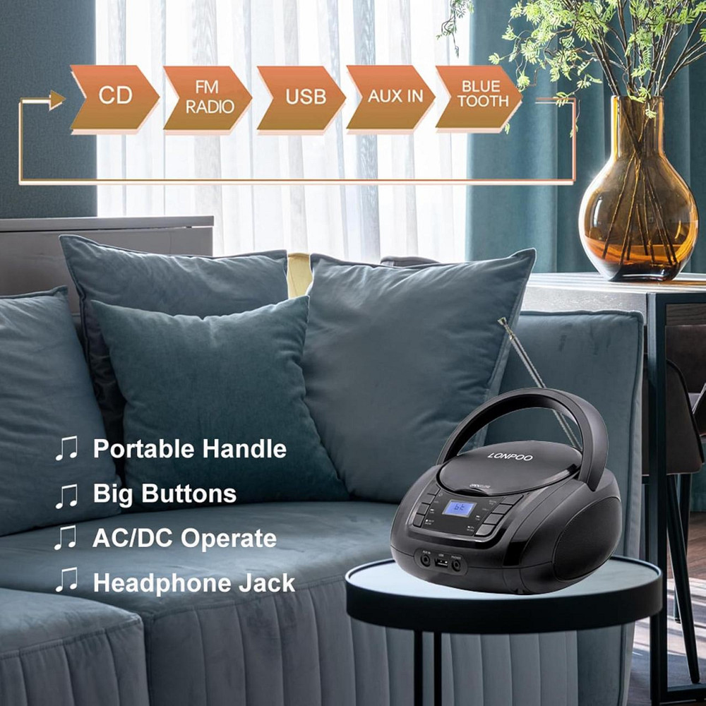 Портативний домашній CD-програвач LONPOO LP-D03 з Bluetooth, ретро-бумбокс Bluetooth, USB, MP3, AUX, FM-радіо Дніпро - фото 7