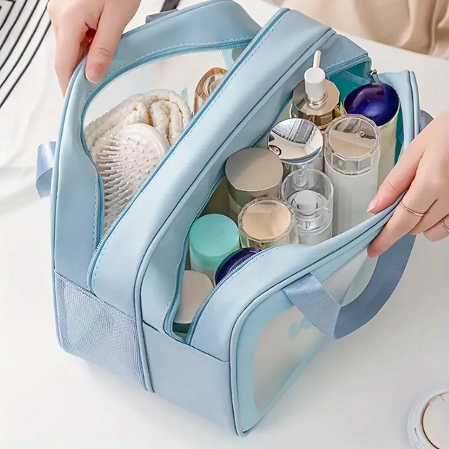 Косметичка зі штучної шкіри на 2 відділення у ванну для сухих і вологих речей, блакитна Кам'янець-Подільський - фото 8