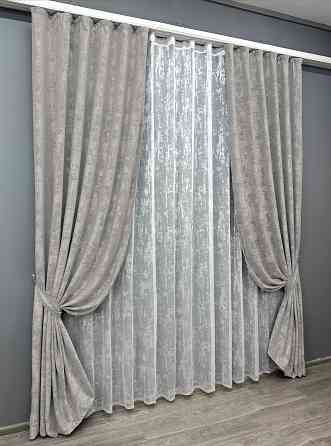 Комплект штор VR-Textil Жаккард Мрамор 150х270 2шт и Тюль 400х270 1124ш-1400т Светло-серый с белым 71-058/3 Киев