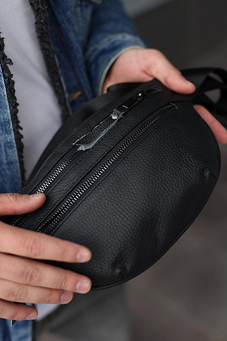 Бананка із натуральної шкіри, шкіряна сумка на пояс SKILL Two Line (Чорна) Суми - фото 10