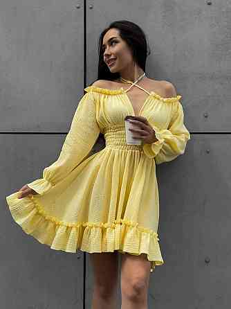 Женское летнее романтичное мини платье натуральный муслин Лимонный, 42/44 Одесса