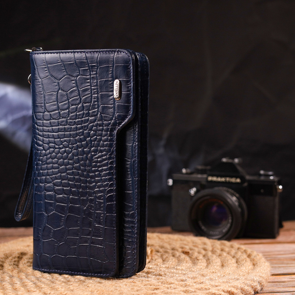 Интересное портмоне клатч из натуральной кожи с тиснением под крокодила CANPELLINI 21539 Синее Киев - изображение 9