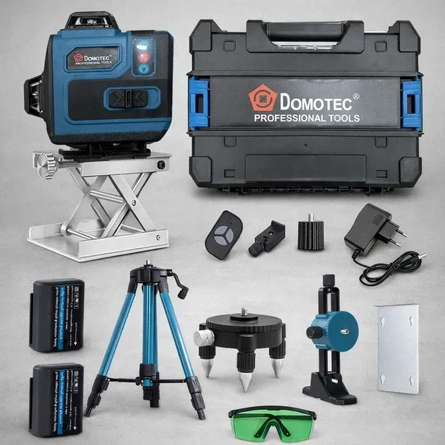 Лазерний рівень Domotec 4D 16 ліній зелений промінь: LCD, самовирівнювання, IP54, 2 АКБ, штатив, кейс Одеса - фото 9