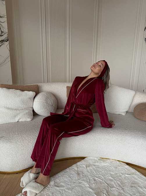 Жіноча затишна піжама: халат-кімоно, штани + пов'язка на голову велюр Бургунді, 46/48 Одеса - фото 8