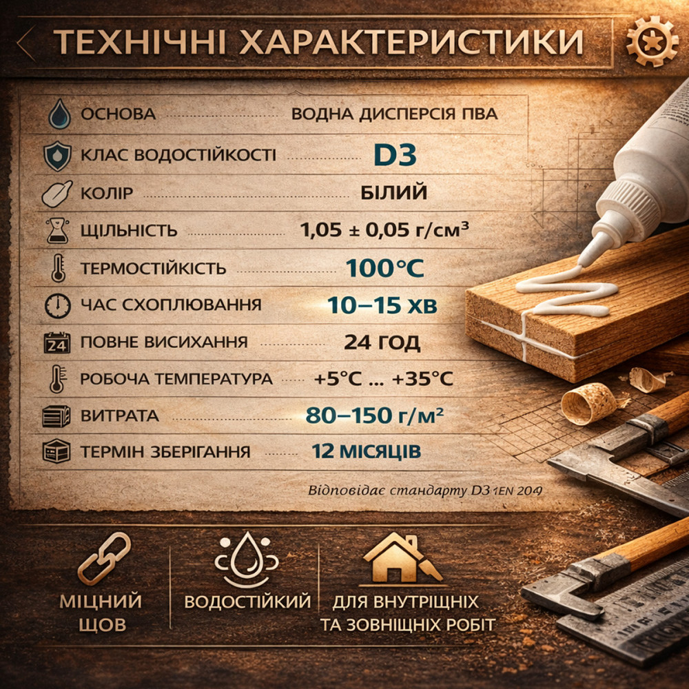 Клей ПВА D3 SkyLine 10 кг столярний підвищеної водостійкості промисловий для виробництва меблів, термостійкий до +100°С Харків - фото 9
