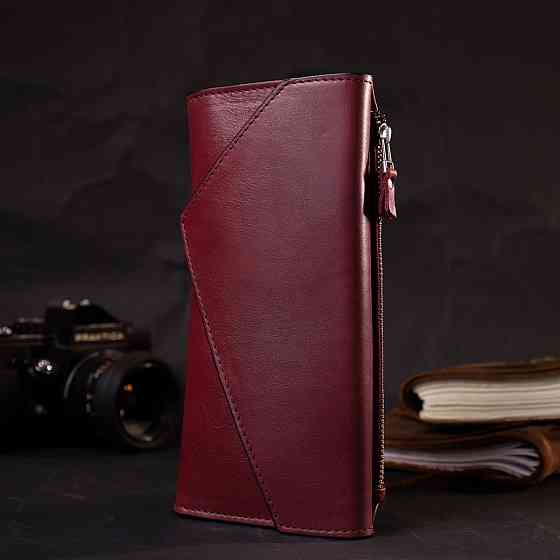 Місткий гаманець із монетницею зовні з натуральної шкіри GRANDE PELLE 11647 Бордовий Київ