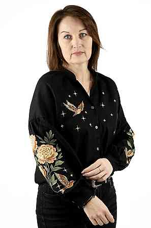 Вишиванка жіноча, лляна, чорна, з довгим рукавом, топ Київ