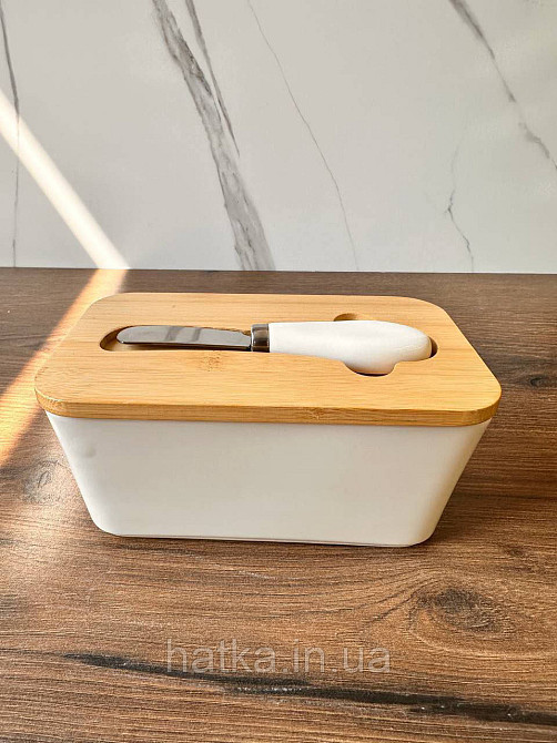 Сирниця керамічна з дерев'яною кришкою й ножем "Cheese" 17.5*10.5*8 см Київ - фото 4