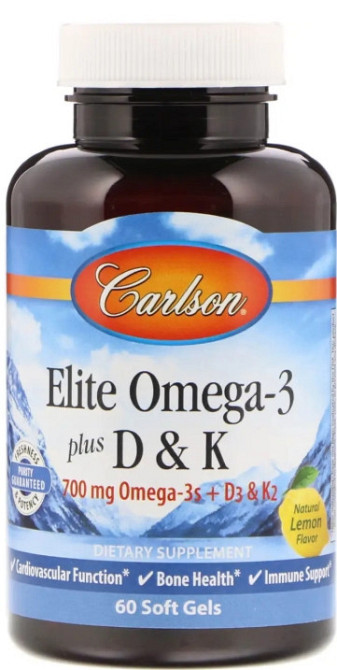 Омега 3 + витамин Д3 и витамин К Carlson Omega-3 Plus D & K 60 гл капс лимон Киев - изображение 1