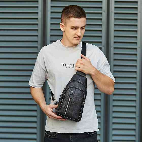 Сумка-слінг чоловіча на одне плече 18х32х7, рюкзак нагрудний з натуральної шкіри 74521 чорний Київ