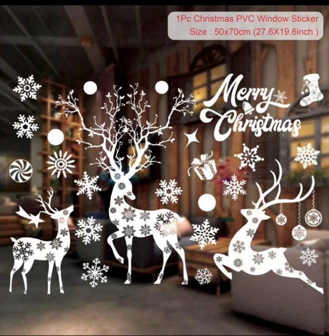Наклейки новогодние Новогодние олени и снежинки 50 на 70 см белый Киев - изображение 2