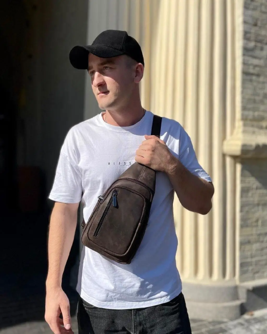 Мужской слинг из кожи 17х30х6, крейзи хорс для телефона 6349 коричневый Киев - изображение 2