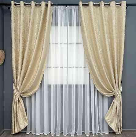 Комплект штор на люверсах VR-Textil Льон мармур Pavliani ХО № 1909ш Кремовий 150х250 см 2 шт (37-0320) Київ