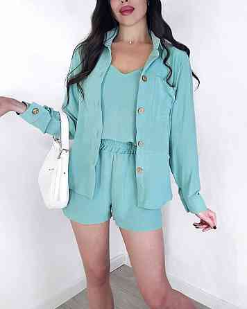 Жіночий легкий костюм-трійка: сорочка, майка та шорти креп жатка Оливка, 44/46 Одеса