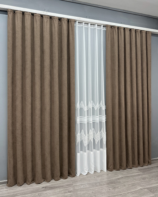 Комплект штор VR-Textil Мікровелюр Petek 150х270 2шт і Тюль 600х270 2014ш-1706т Коричневий з молочним 71-193/5 Київ - фото 3