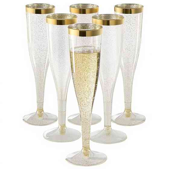 Набір пластикових келихів для шампанського 6 шт преміум класу 192 мл, для урочистостей і свят, золотисті з блискітками Кам'янець-Подільський