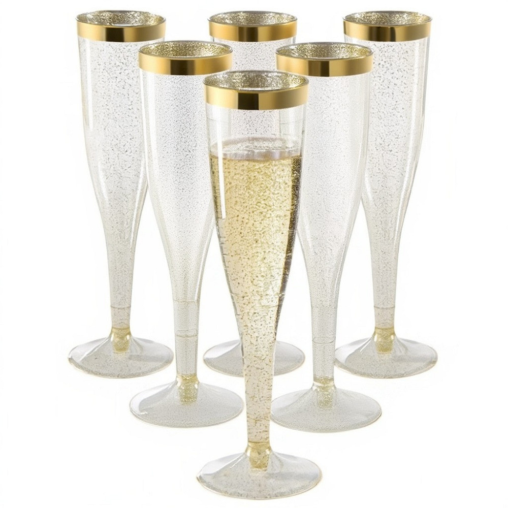 Набор пластиковых бокалов для шампанского 6 шт премиум класса 192 мл, для торжеств и праздников, золотистые с блестками Каменец-Подольский - изображение 6