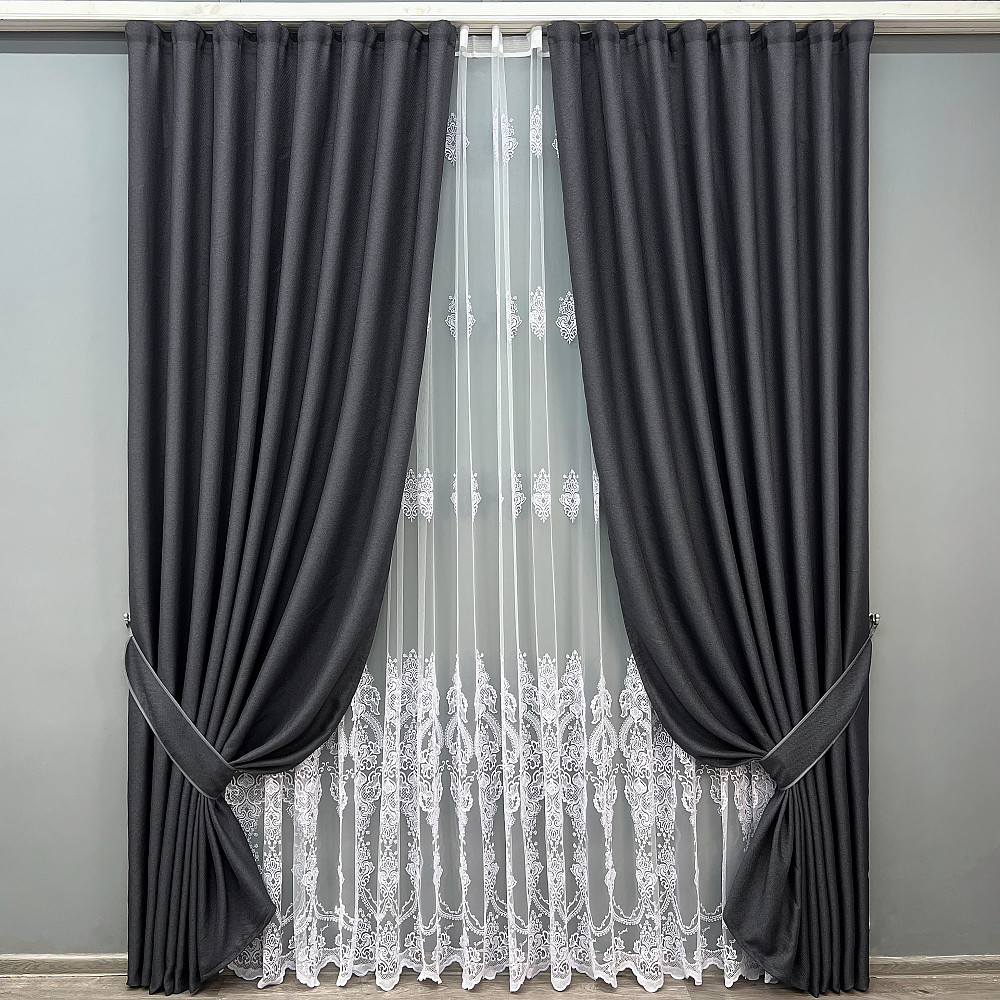 Комплект штор VR-Textil Льон Мішковина 150х270 2шт і Тюль 600х270 1161ш-1571т Графітовий з білим 71-189/5 Київ - фото 1