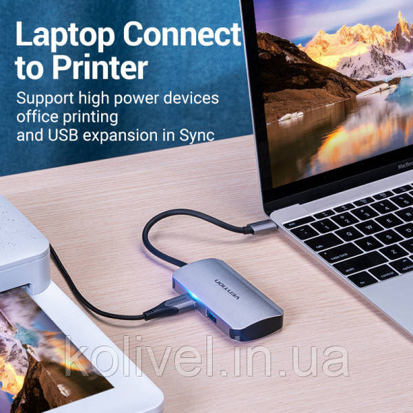 Хаб USB 3.1 Type-C -> 4хUSB 3.0/PD 100W 5-in-1 Vention (TNBHB) Київ - фото 8