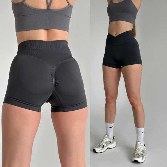 Жіночі спортивні шорти push up (пуш ап)  Fit для фітнесу та тренувань облягаючі з V-подібним поясом сірі Одеса