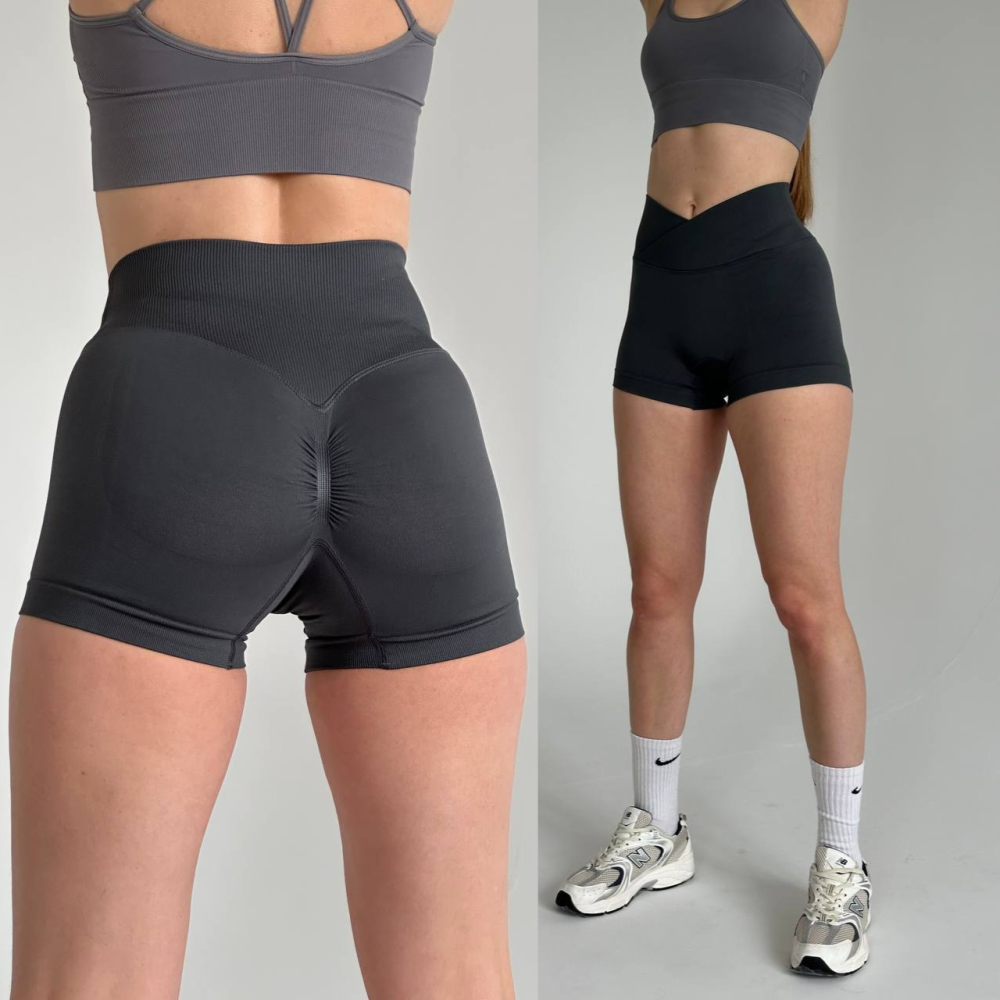 Жіночі спортивні шорти push up (пуш ап)  Fit для фітнесу та тренувань облягаючі з V-подібним поясом сірі Одеса - фото 1