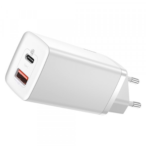 Зарядний пристрій 2xUSB 65W GaN (USB-C+USB-A) Білий Baseus (CCGAN2L-B02) Київ - фото 1