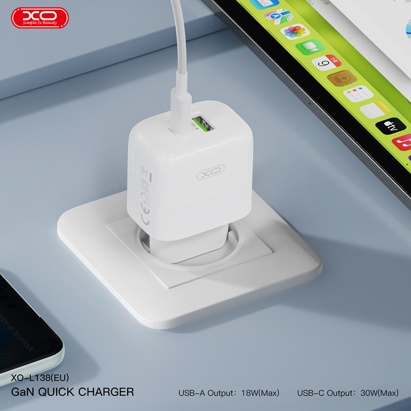 Мережевий зарядний пристрій XO L138 PD30W/QC18W 1USB-A+1USB-C + Type-c кабель білий Львів - фото 6