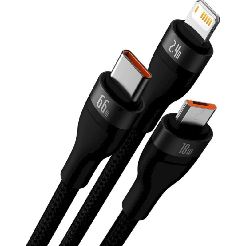 Кабель Baseus Flash Series Ⅱ One-for-three Fast Charging Data Cable USB to M+L+C 66W 1.2m Black Киев - изображение 3