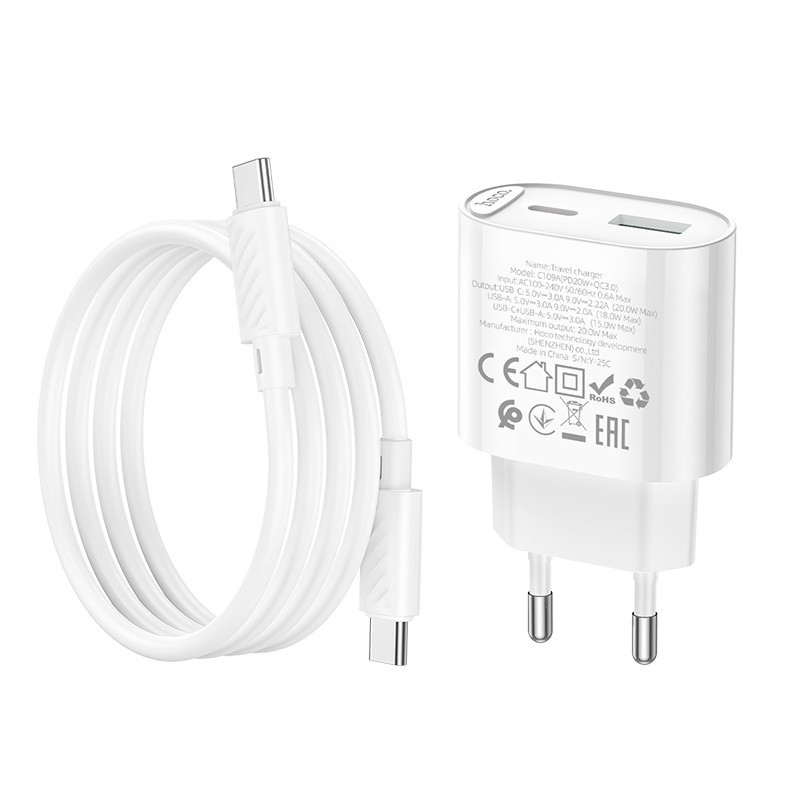 Мережевий зарядний пристрій з кабелем HOCO C109A(PD20W+QC3.0) Fighter PD20W+QC3.0 charger set(C to C) White Одеса - фото 7
