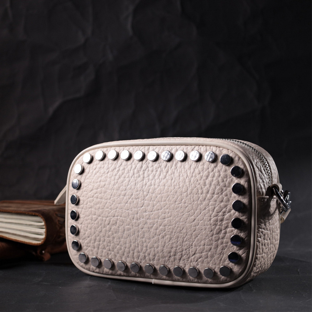 Кожаная сумка декорированная металлическими кнопками Vintage 22334 Белая Киев - изображение 8