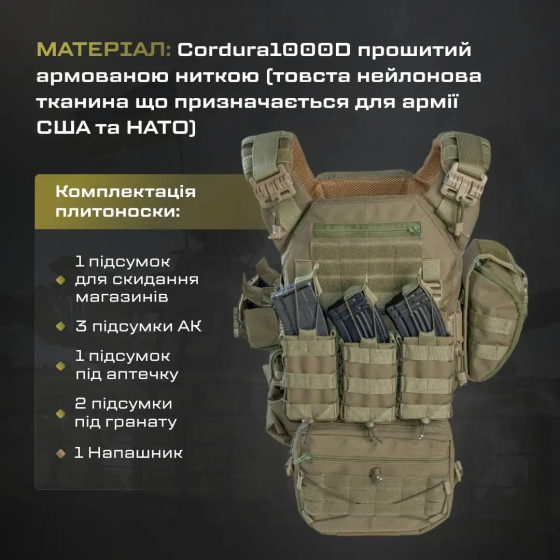 Комплект плитоноска с подсумками и напашником, быстрым сбросом (без плит) Оливковый Киев