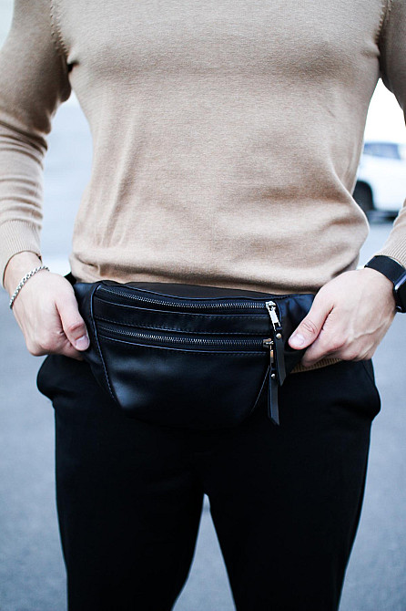 Чоловіча сумка-бананка на пояс з натуральної гладкої шкіри SKILL (Чорна) Суми - фото 3