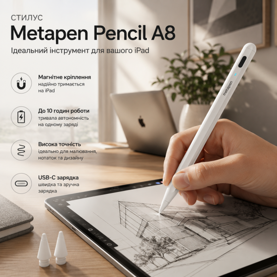 Стилус для Apple iPad Metapen Pencil A8 белый беспроводной активный ручка для планшета с магнитным креплением Киев