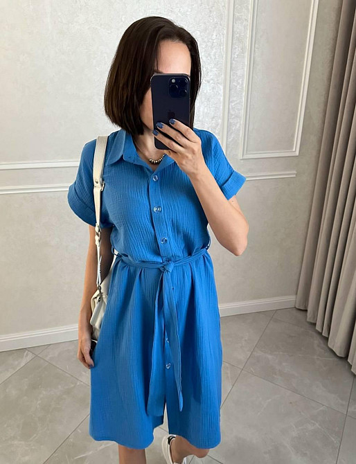 Женское легкое базовое платье халат с поясом на пуговицах турецкий натуральный хлопок - муслин 48/50, Синий Одесса - изображение 1