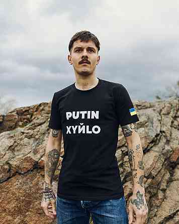 Чоловіча патріотична футболка з принтом Путін антивоєнна бавовняна чорна Одеса