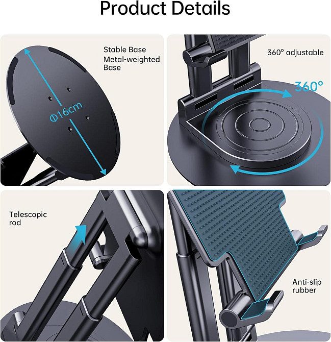 Регулируемая подставка для планшета с вращением 360° для iPad iPhone Huawei Galaxy 4.7–15.6