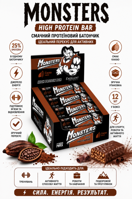 Протеиновые батончики Monsters Strong Max 80g x 20шт какао Киев - изображение 5