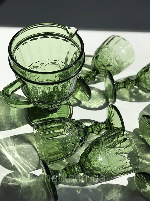 Набір для напоїв 7 предметів 6 шт. келихів + графин 1 л «Вінтаж» 300 мл зелений Київ - фото 1