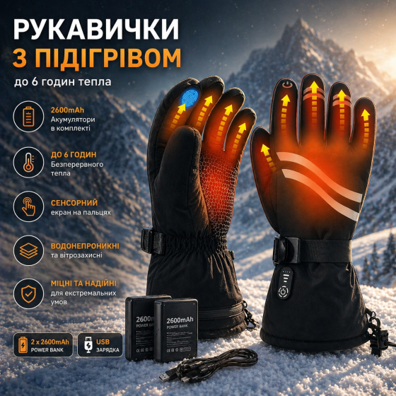 Рукавички з підігрівом для чоловіків і жінок, USB-акумуляторні рукавички з підігрівом та батареєю Розмір M Київ