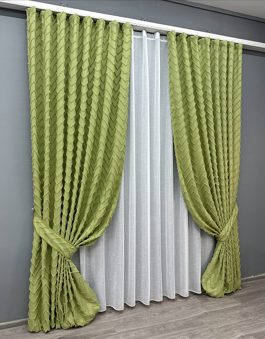 Комплект штор VR-Textil Лен Букле 100х270 2шт и Тюль 400х270 1805ш-115т Оливковый с белым 71-044/2 Киев - изображение 2