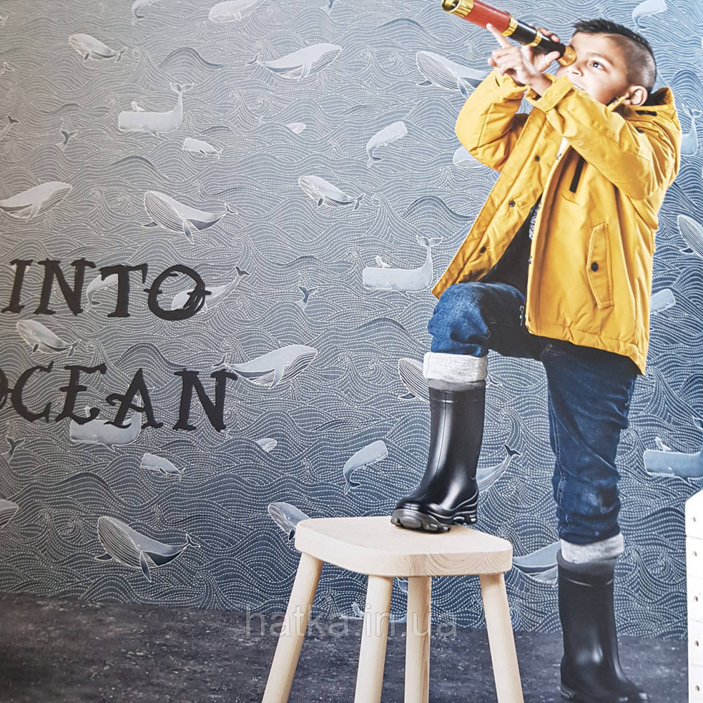 Шпалери флізелінові BN Doodleedo 0,53 х 10 м дитячі море океан риби сірі кити на сіро-зеленому Київ - фото 1