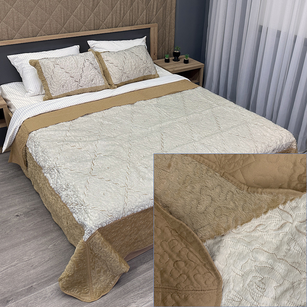 Покривало двостороннє з хутром 210x230 (+-10 см) і 2 наволочки колір кавовий з молочним (85-154) Київ - фото 1