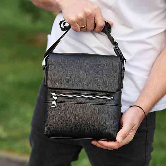 Кожаная мужская сумка-месенджер через плечо черная Tiding Bag 56230 Каменское