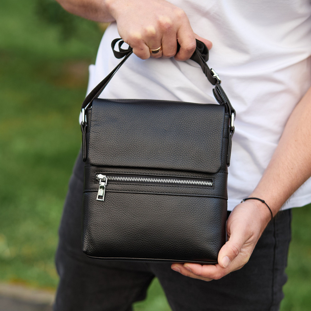 Кожаная мужская сумка-месенджер 21х23х5.5, сумочка кросс боди через плечо черная Tiding Bag 56230 Каменское - изображение 4