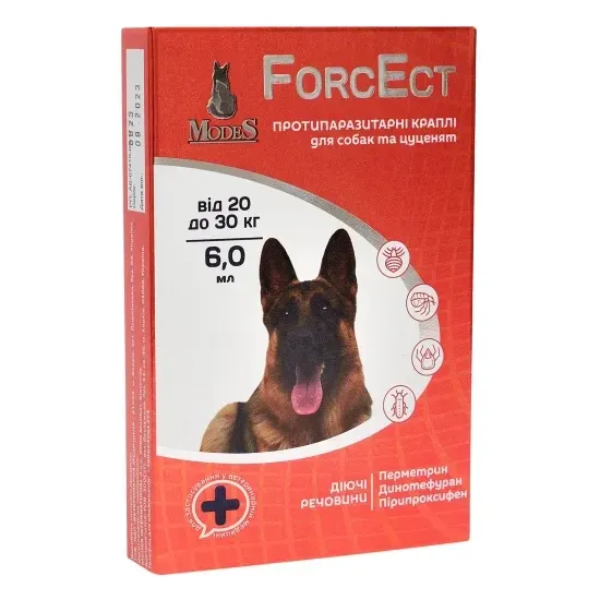 Протипаразитарні краплі ФорсЕкт ForcEct для собак та цуценят від 20-30 кг (3 піпетки по 6,0 мл) від бліх та кліщів, ModeS Вінниця